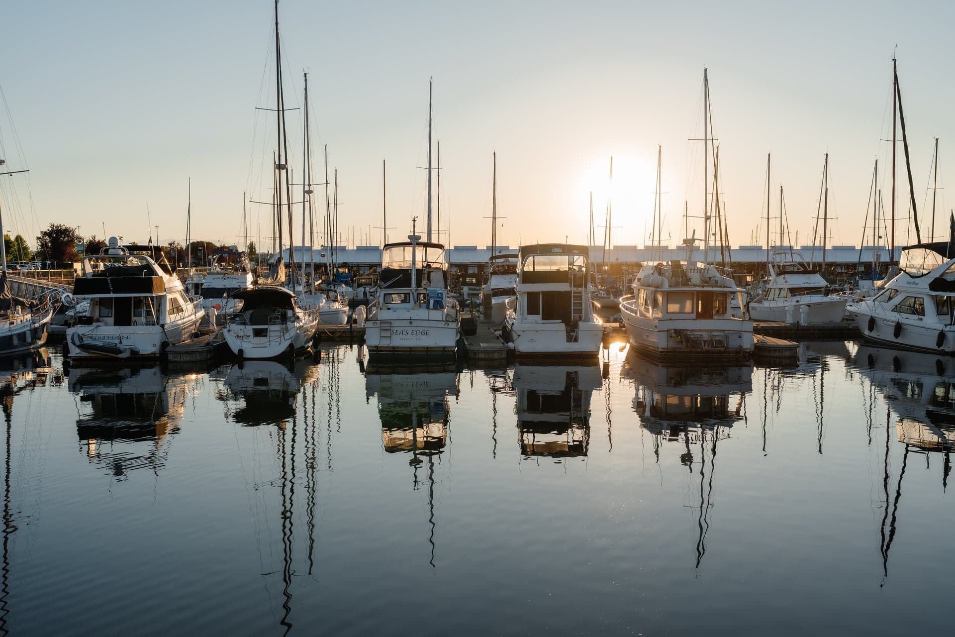 Golden hour marina in the Pacific Northwest — atmospheric background