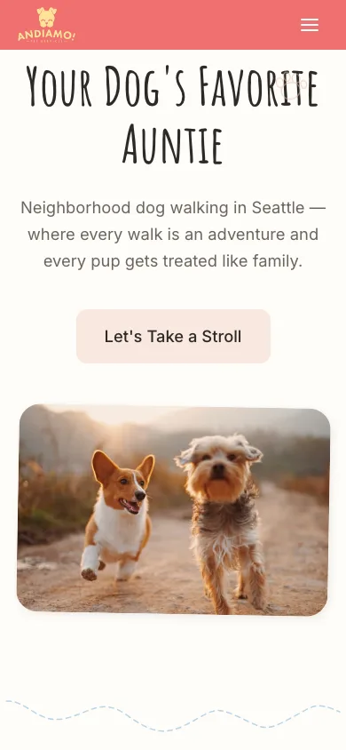 Mobile view of the Andiamo Dogs website