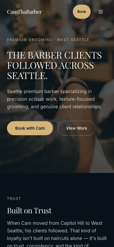 Mobile view of the Cam Tha Barber website